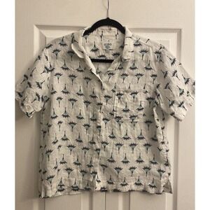 HIHO Tortola BVI Linen Button Up Womens Size M White Blue Fan Print Shirt Linen